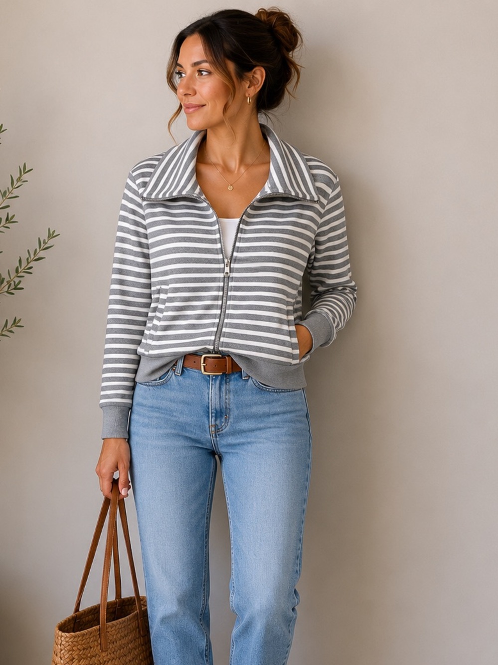 Calvin Klein Gray & White Striped Zip-Front Sweater Jacket Large
